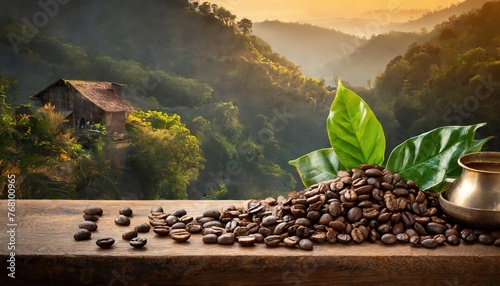 Coffee beans on a wooden table with a wonderful landscape with a coffee machine, cat, dog, steam, smell © Petru
