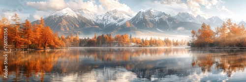 Vivid high tatra lake in early autumn majestic mountains, pine trees, and serene sky reflections