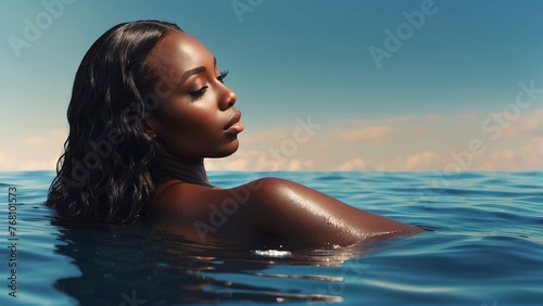 Model black woman wearing bikin swimsuit, swim on ocean sea