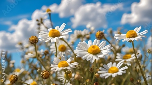 Gorgeous close-up macro of chamomile and butterflies on a field with clouds in the azure sky throughout the spring and summer.
