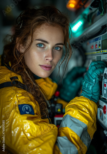 Beautiful woman pilot sitting in the cockpit of plane