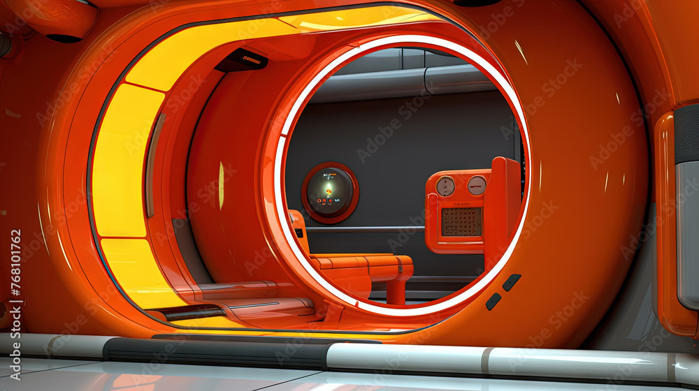 Spaceship or lab interior in retro futuristic sci-fi style with round doors.