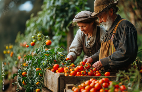 Senior couple growing fresh tomatoes in their garden on sunny day