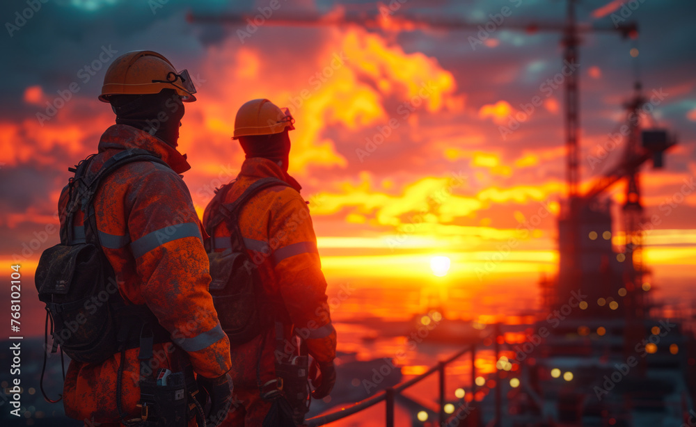 Two workers watching the sunset over construction site