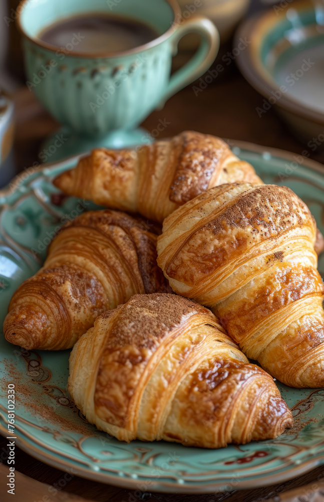 Fresh croissants and coffee on wooden table