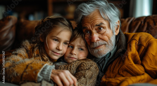 Grandfather and his grandchildren are indoors in living room. © Vadim