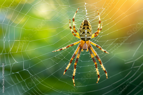 A golden brown spider in the center of his web with a green blurred background