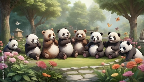 A lot of cute bears and pandas are playing in the beautiful garden