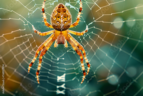 A golden brown spider in the center of his web with a green blurred background