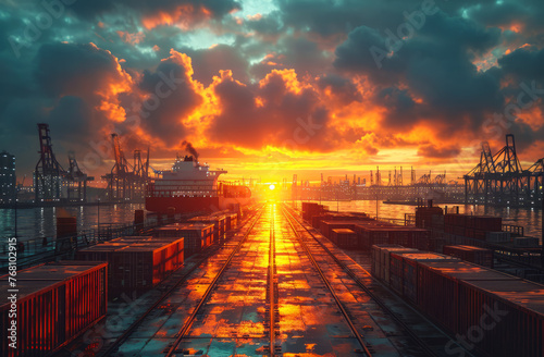 Container ship and cargo ship in the harbor at sunset