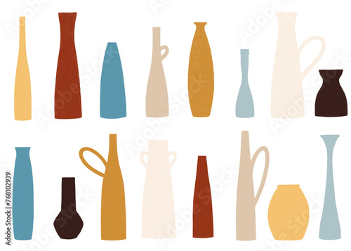 artistic hand drawn colorful antique ceramic vase illustration collection, isolated cracked old ceramic flower pot set, clay decorative vase pottery shape silhouette crayon art flat drawing bundle