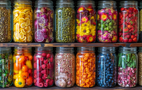 Preserved vegetables and fruits in jars on the market