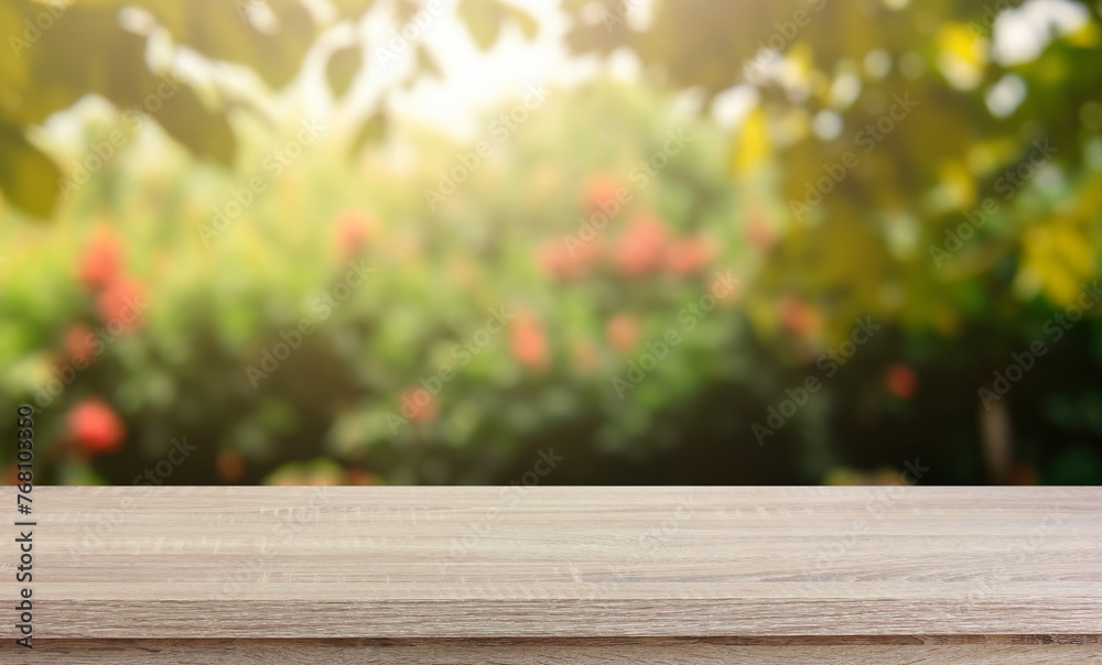empty wooden table on a blurred garden. summer display your product outdoors. mockup empty wooden table on a blurred garden. summer display your product outdoors. mockup