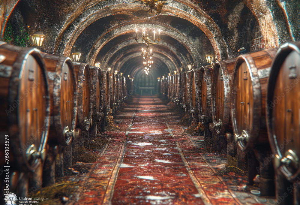 Wine barrels and red carpet in wine cellar