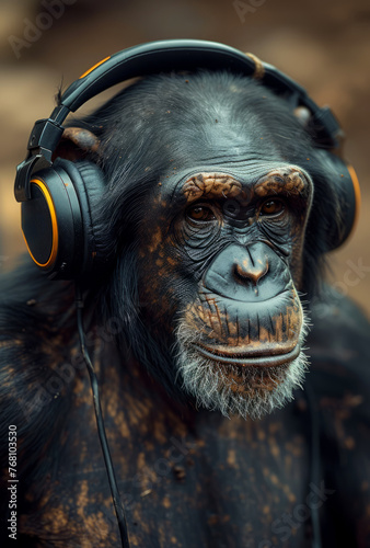Monkey listening to music with headphones imitating human voice © Vadim
