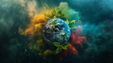 Planet Earth with Colorful Atmospheric Effects and Green Leaves - Eco Future Concept
