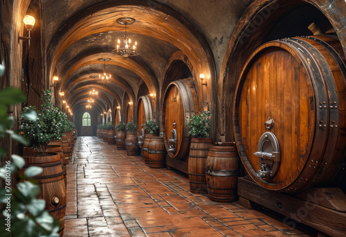 Old wooden barrels in wine vault with brick arches and plants