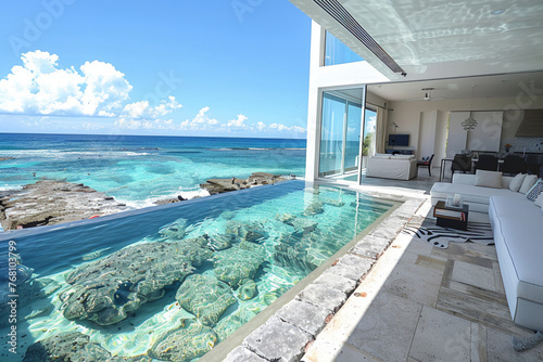 A modern beach terrace with transparent flooring showcasing the ocean life underneath