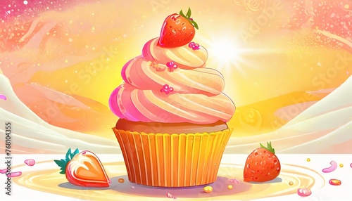 very tasty colorful muffin with a colorful background  strawberry cinnamon  highly detailed  white  black  colorful background