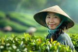 Asian woman works as a tea picker on plantations.