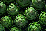 vegetable background with green artichokes, top view.