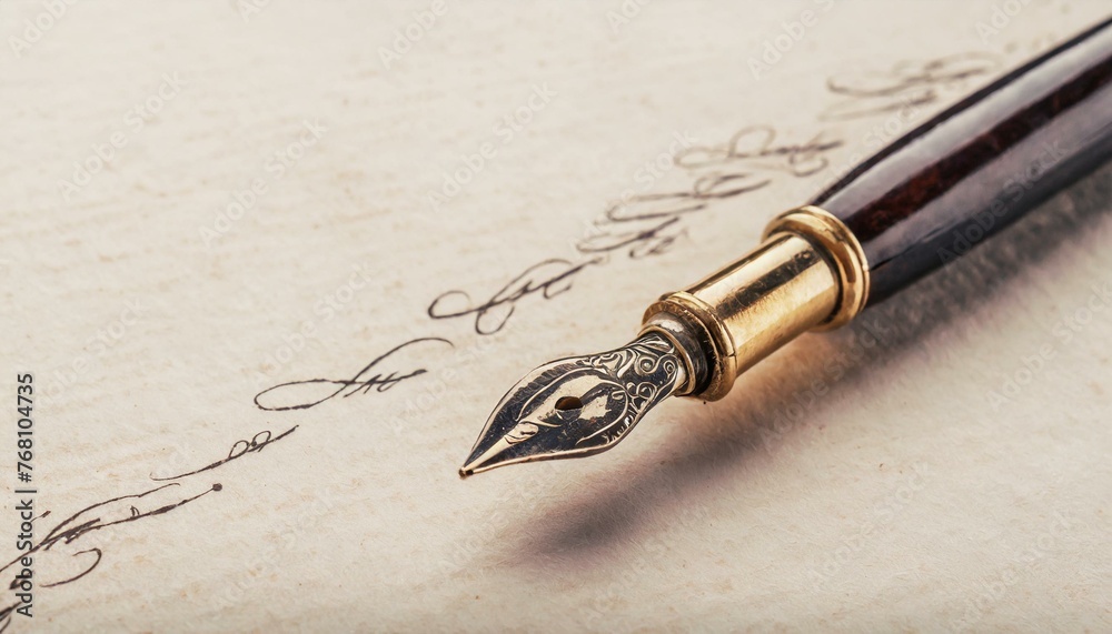 Fototapeta premium Fountain pen resting on handwritten document. Vintage style handwriting backgrounds with copy space