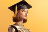 wonderful stunningly beautiful girl with a graduation hat against a pastel yellow background