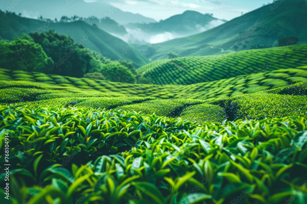 tea plantations. landscape with green tea valley and mountains.