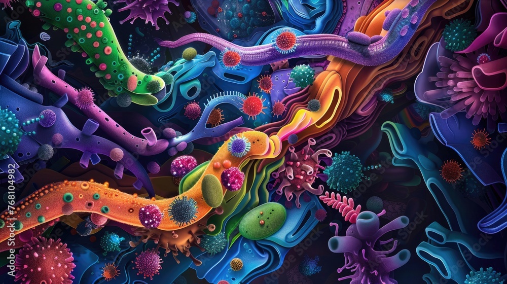 Vibrant digital representation of a diverse microbial ecosystem in vivid colors