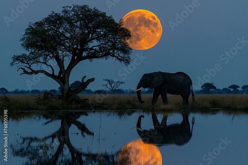 African Elephant - Moon rising over wildlife southern Africa