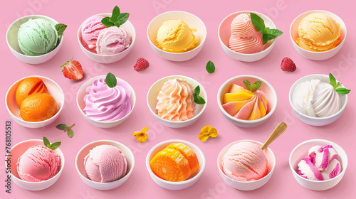 Delicious cold ice cream of different types in plates on a pink isolated background, top view