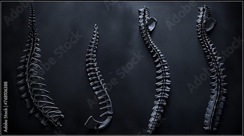 A set of three-dimensional spine sculptures presented in a high-contrast, dark environment, offering an artistic interpretation of vertebral anatomy.