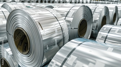 Cold rolled steel coil or stainless steel sheets at storage area in steel industry plant. in a warehouse.