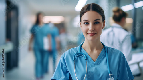Smiling female nurse in scrubs with a stethoscope around her neck photo