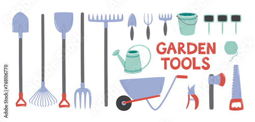 Gardening tools set. Various tools to work in a garden. Flat vector illustrations collection