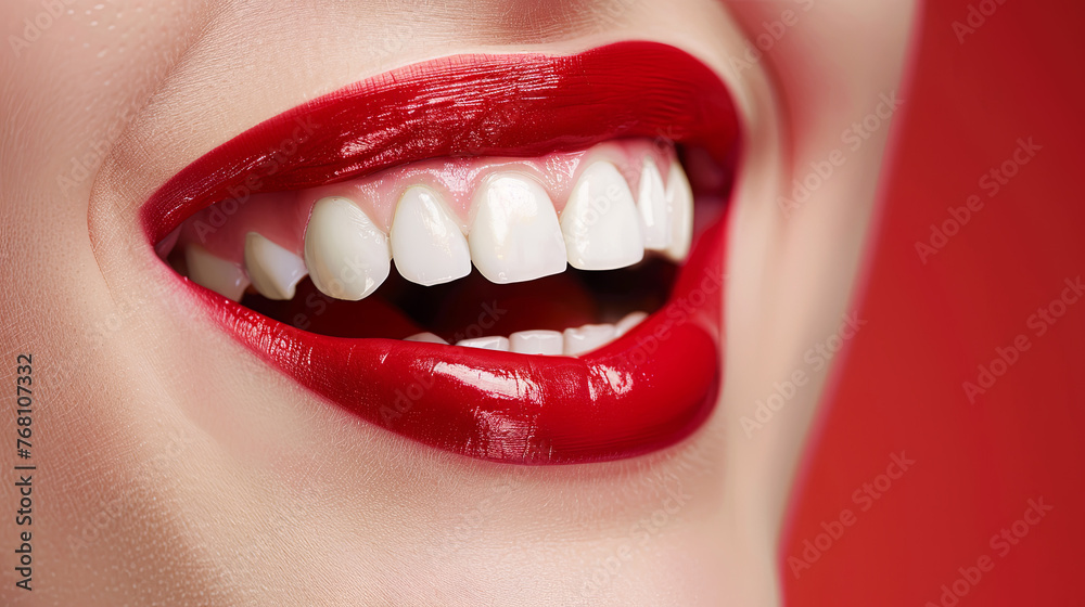 Obraz premium The radiant girl smiles and shows off her beautiful smile, highlighting her shiny white teeth and bright red lips