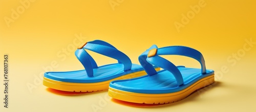 A pair of blue sandals lies on a bright yellow background, reminiscent of sun-soaked summer days and beach vacations. The vibrant colors contrast beautifully, creating a cheerful and playful