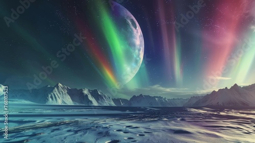Aurora borealis like rainbow colors on the moon sky with a surreal weird dark touch Background created with Generative AI Technology © Sentoriak