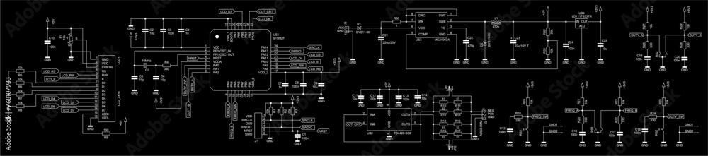 Obraz premium Schematic diagram of electronic device on sheet of paper. Vector drawing electrical circuit with capacitor, resistor, lcd display, integrated circuit, coil, diode, microcontroller, other components.
