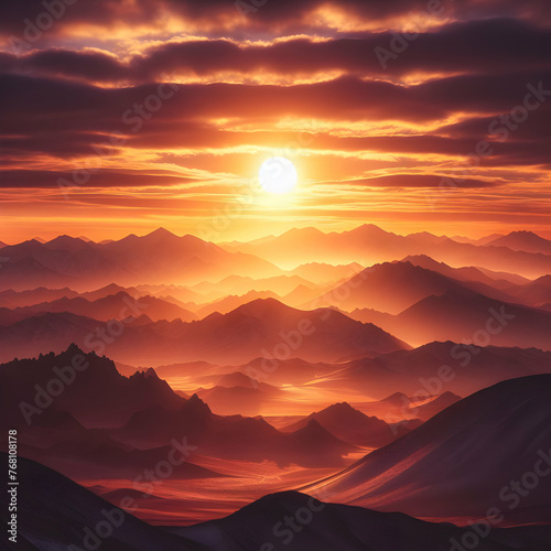 sunset over mountains landscape, sky, sunrise, mountains, nature, sun, orange, dawn, clouds, silhouette, cloud, Ai generated 
