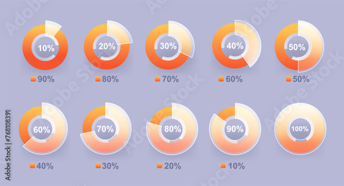 Transparent glass morphism round diagram set. Business pie chart vector collection