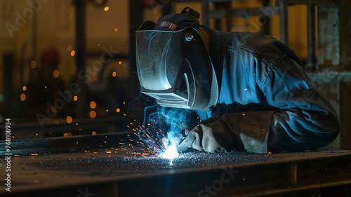 close up of a welder is welding in the workstation, welder at the workstation, welder doing hard work in the garage