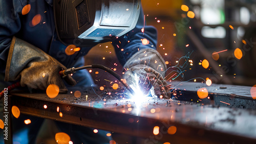 close up of a welder is welding in the workstation, welder at the workstation, welder doing hard work in the garage