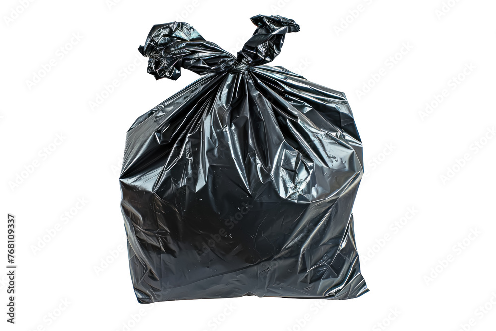 A black plastic bag with a white background