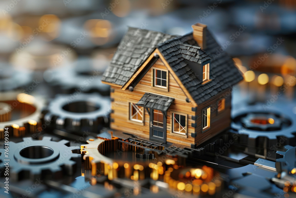 A wooden texture detailed tiny house standing on top of industrial gears symbolizing real estate and property industry mechanics A wooden texture detailed tiny house standing on top of industrial gears symbolizing real estate and property industry mechanics