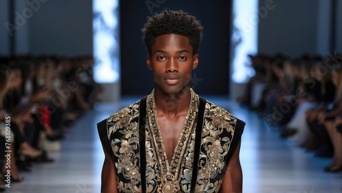 Handsome top model black man in the fashion week runway wearing cool dress