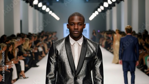 Handsome top model black man in the fashion week runway wearing cool dress