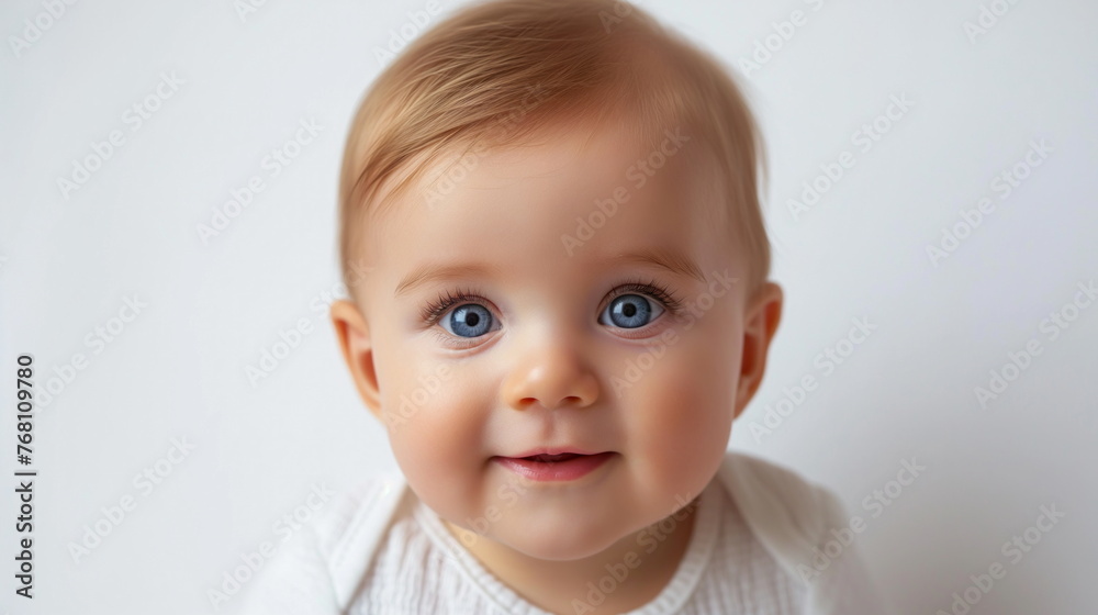 Healthy cheerful baby on a white background. Baby with big blue eyes looks at camera