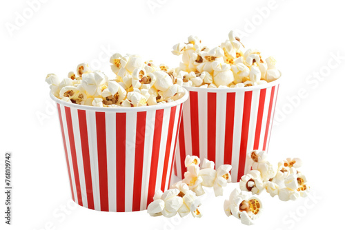Two red and white popcorn buckets with white popcorn in them