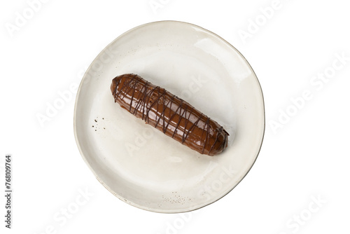 chocolate cake on a plate, top view, cut out